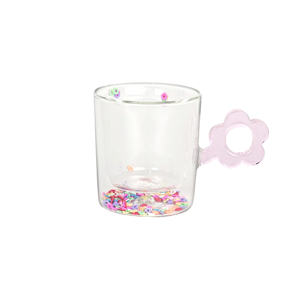 Double glass flowers design mug with pink flower handle