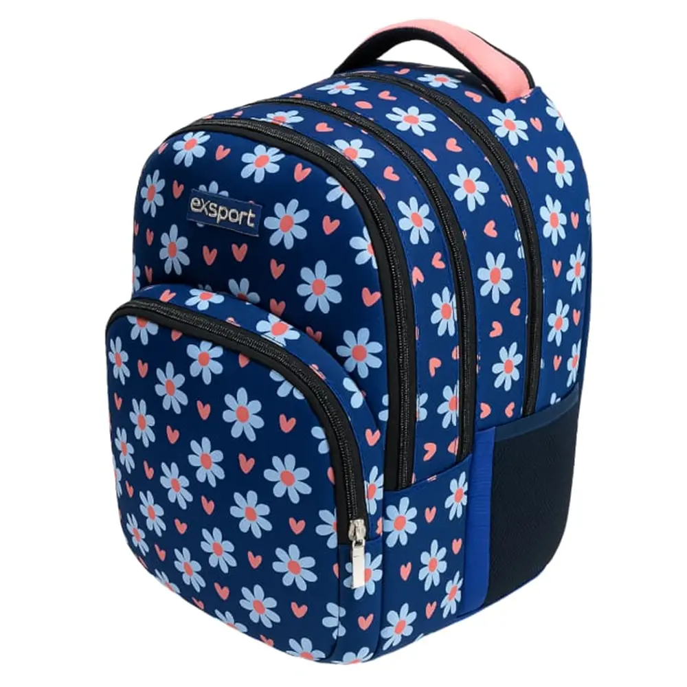 Exsport 2526400 floral design 4 zippers navy blue backpack