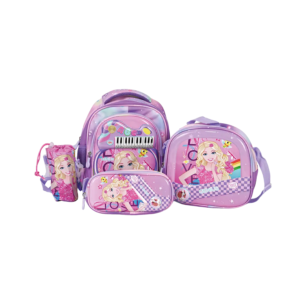 Genius 12in barbie design 2 zippers purple kids backpack set