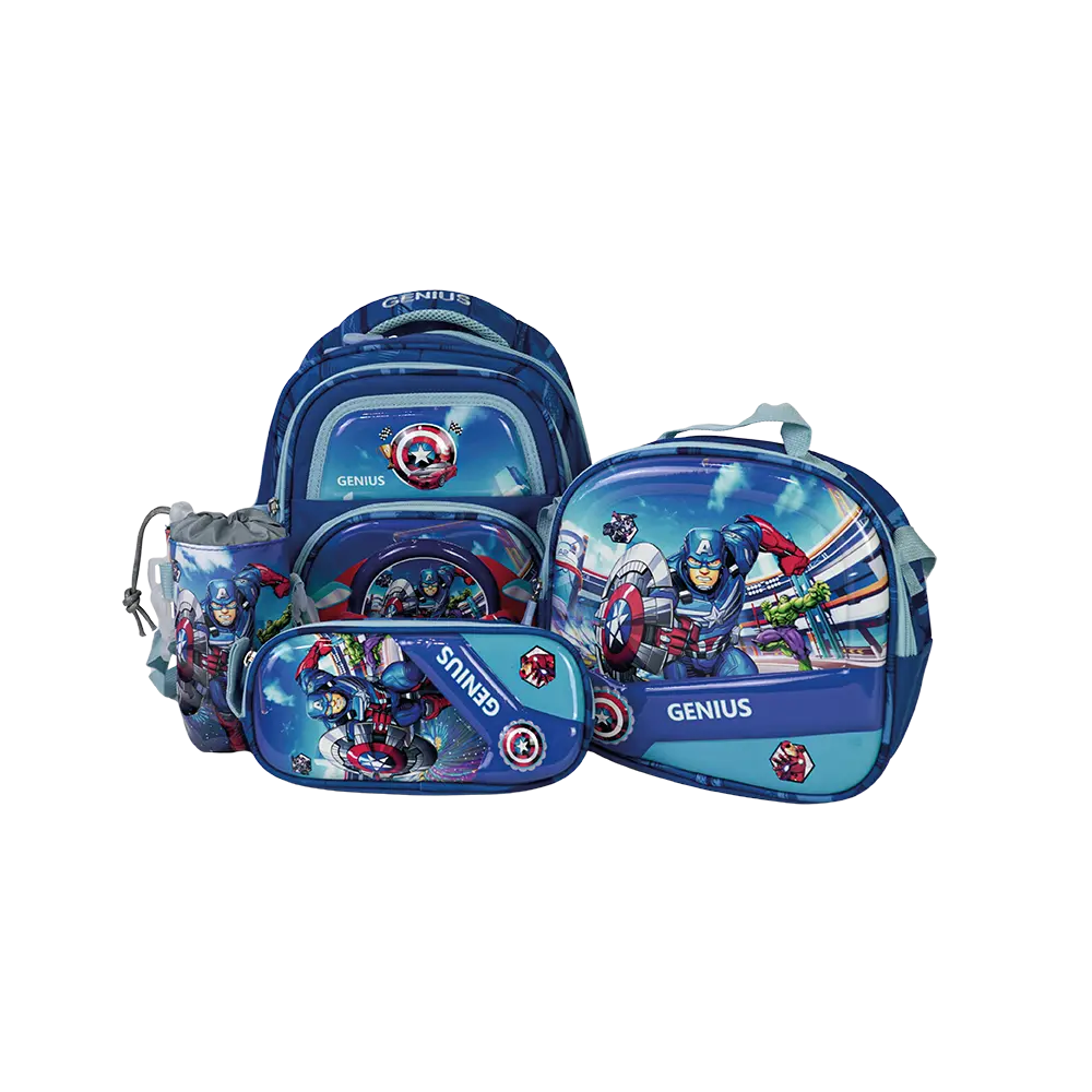 Genius 12in captain america design 2 zippers blue kids backpack set
