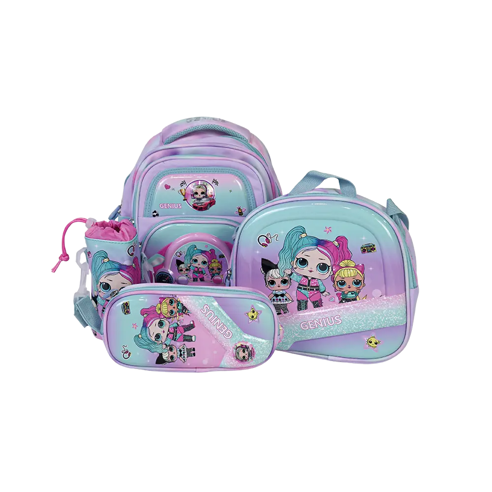Genius 12in lol design 2 zippers aqua & purple kids backpack set