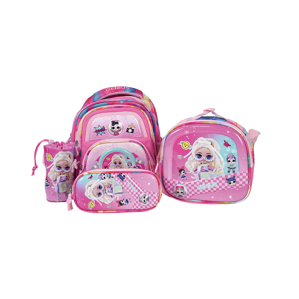 Genius 12in lol design 2 zippers fuchsia kids backpack set
