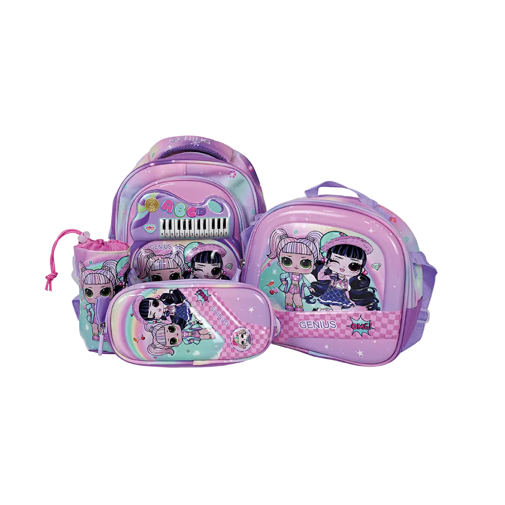 Genius 12in lol design 2 zippers pink & purple kids backpack set
