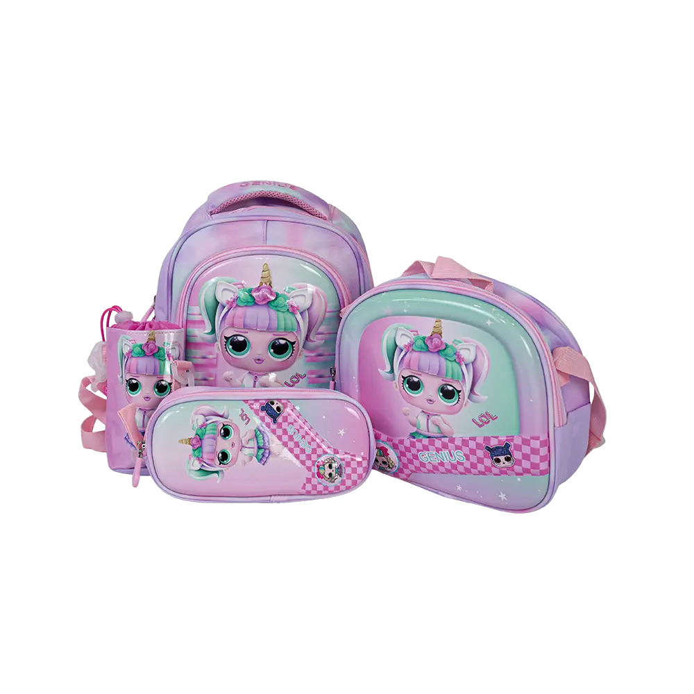 Genius 12in lol design 2 zippers purple & pink kids backpack set