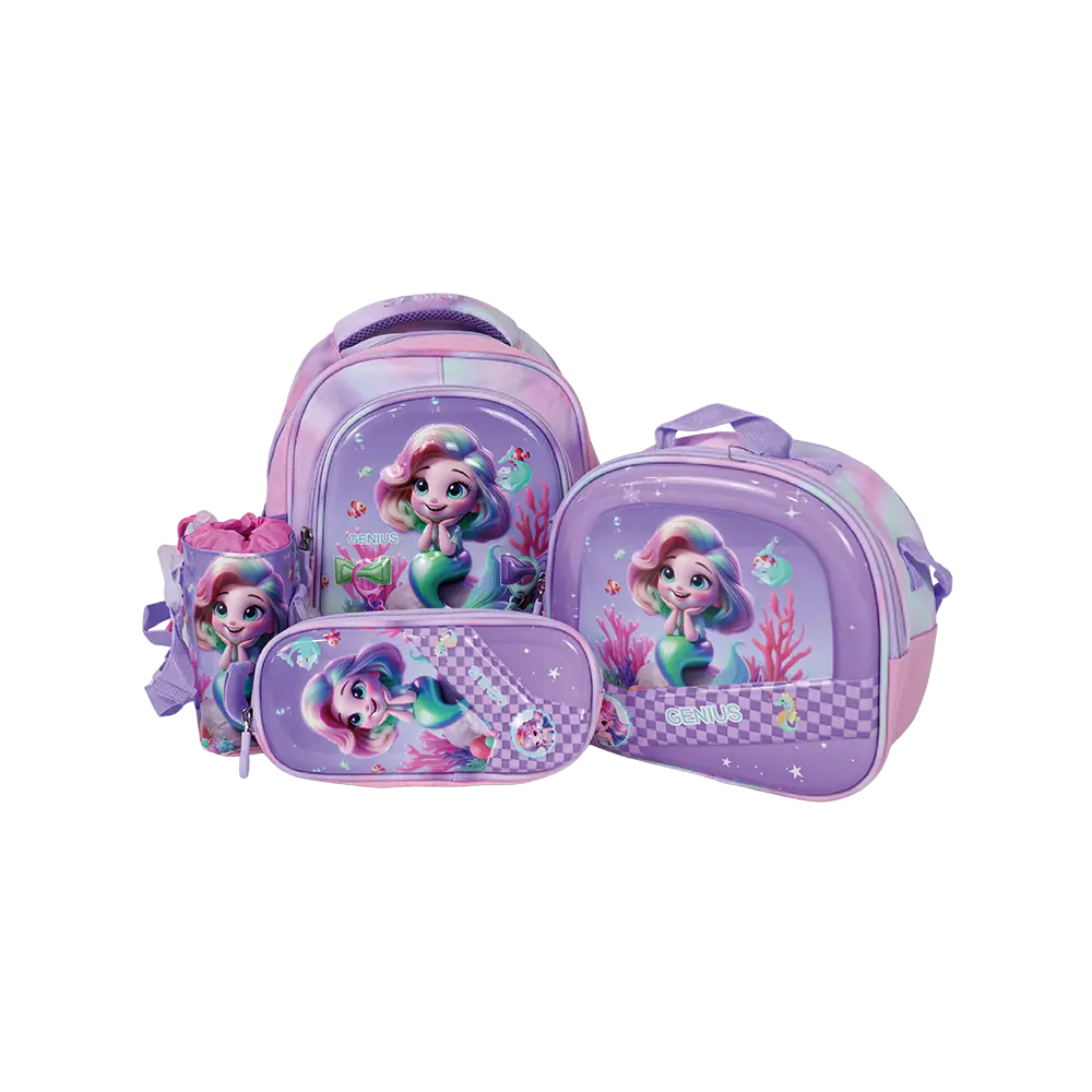 Genius 12in meramid design 2 zippers pink & purple kids backpack set