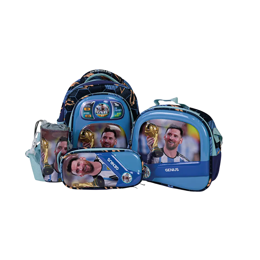 Genius 12in messi design 2 zippers blue kids backpack set