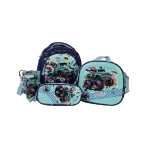 Genius 12in monster truck design 2 zippers aqua kids backpack set