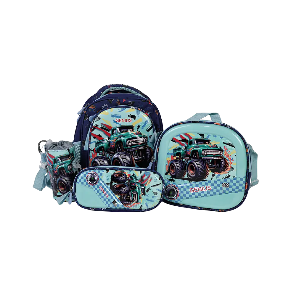 Genius-12in-Monster-Truck-Design-2-Zippers-Aqua-Kids-Backpack-Set Genius 12in monster truck design 2 zippers aqua kids backpack set