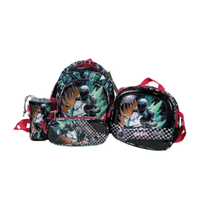 Genius 12in motorcycle racer design 2 zippers navy blue kids backpack set