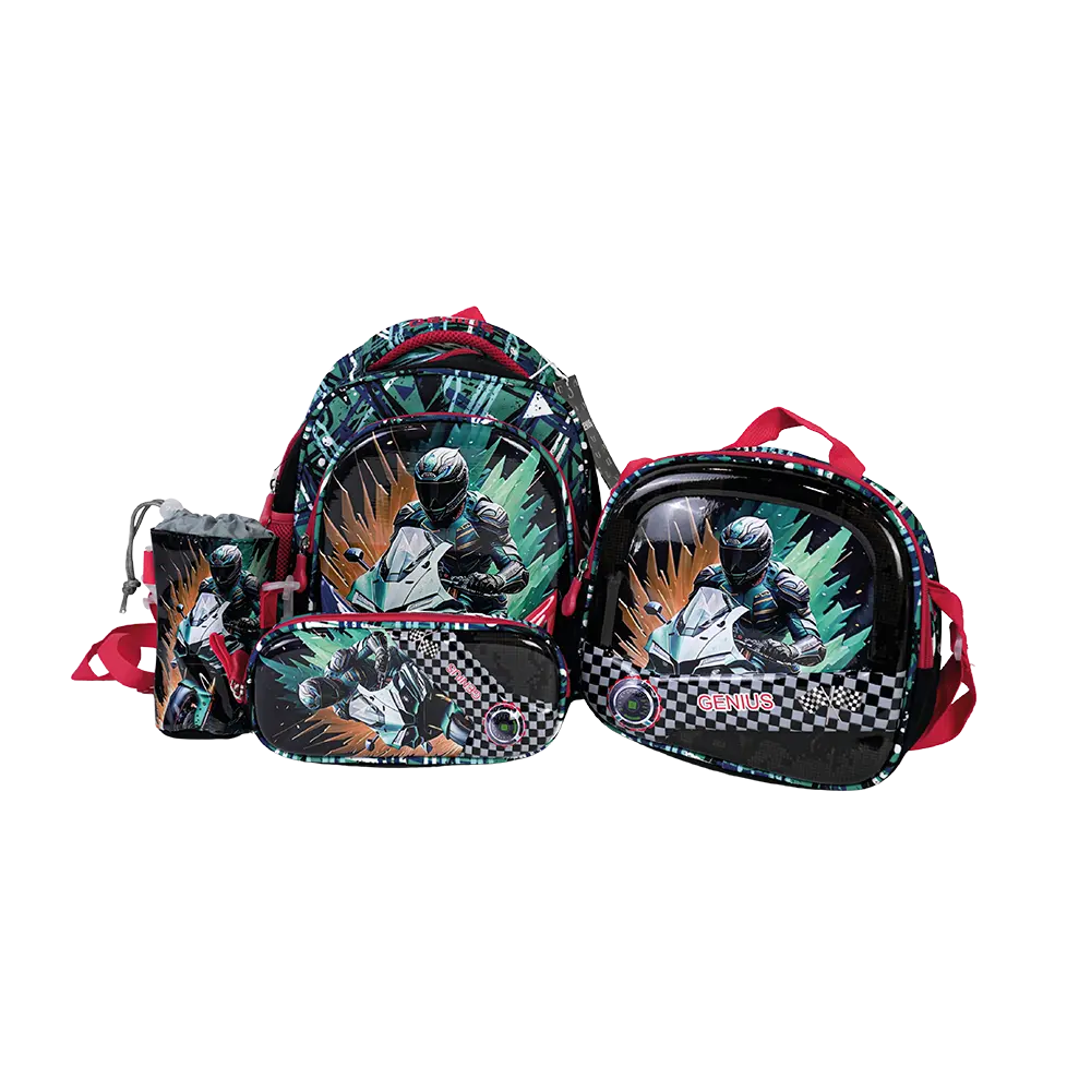 Genius 12in motorcycle racer design 2 zippers navy blue kids backpack set