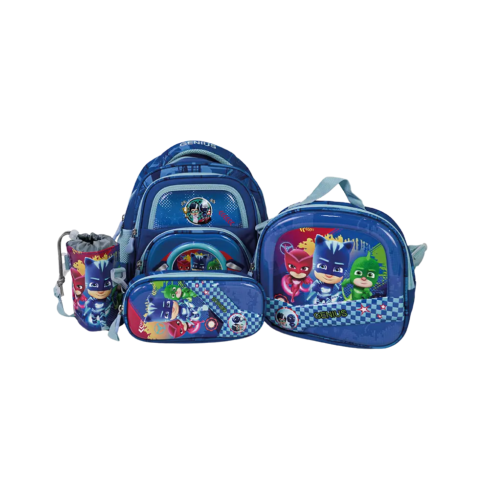Genius 12in pj masks design 2 zippers navy blue kids backpack set