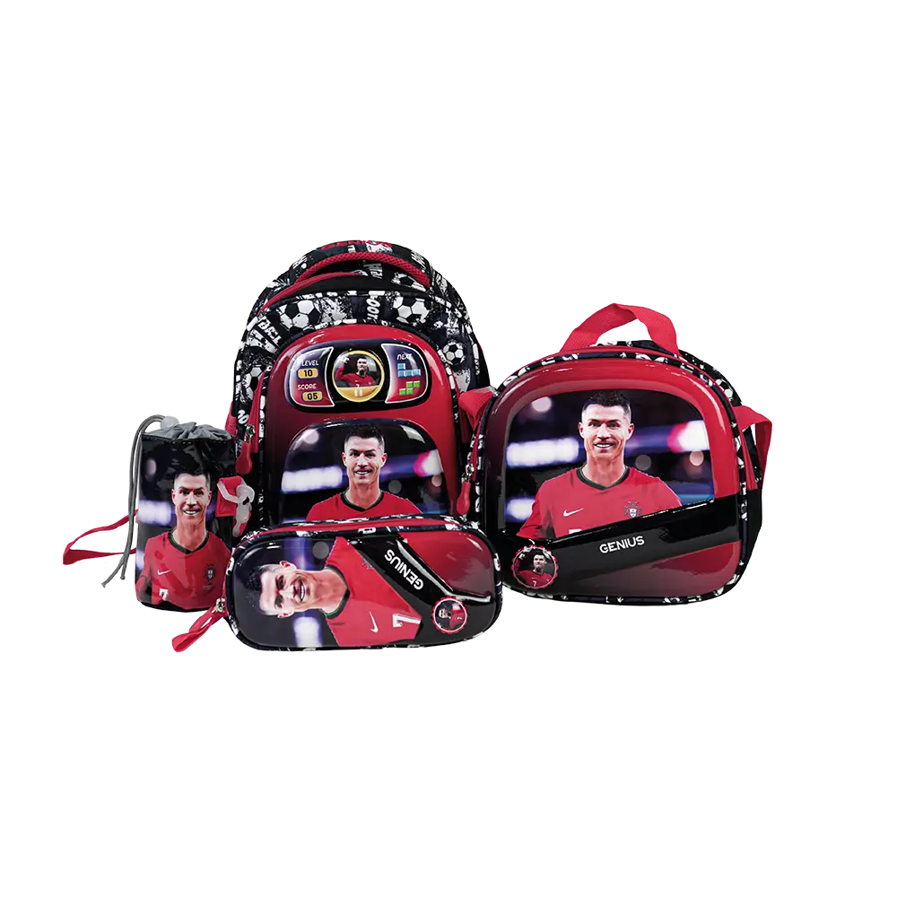 Genius 12in ronaldo design 2 zippers black & red kids backpack set