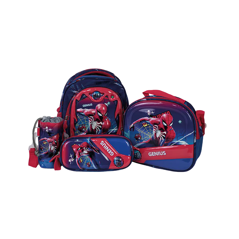 Genius 12in spiderman design 2 zippers navy blue kids backpack set