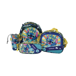 Genius 12in stitch design 2 zippers navy blue & yellow kids backpack set