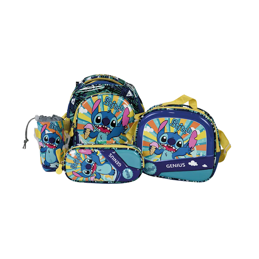 Genius 12in stitch design 2 zippers navy blue & yellow kids backpack set
