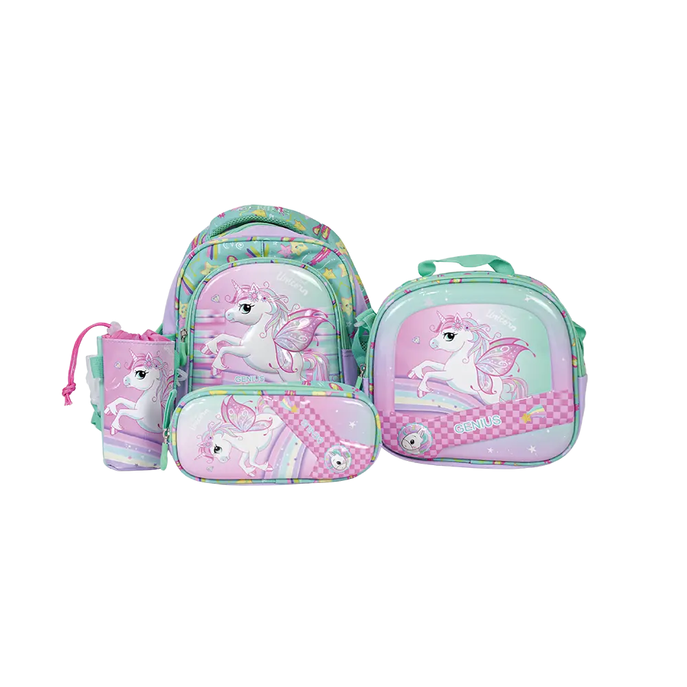 Genius 12in unicorn design 2 zippers aqua kids backpack set