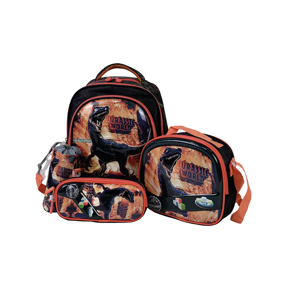 Genius 14in dinosaur design 3 zippers black & orange backpack set