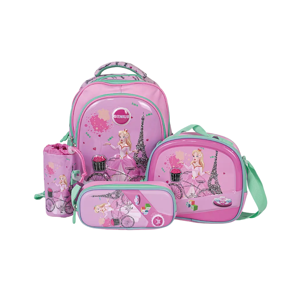 Genius 14in princess design 3 zippers pink backpack set