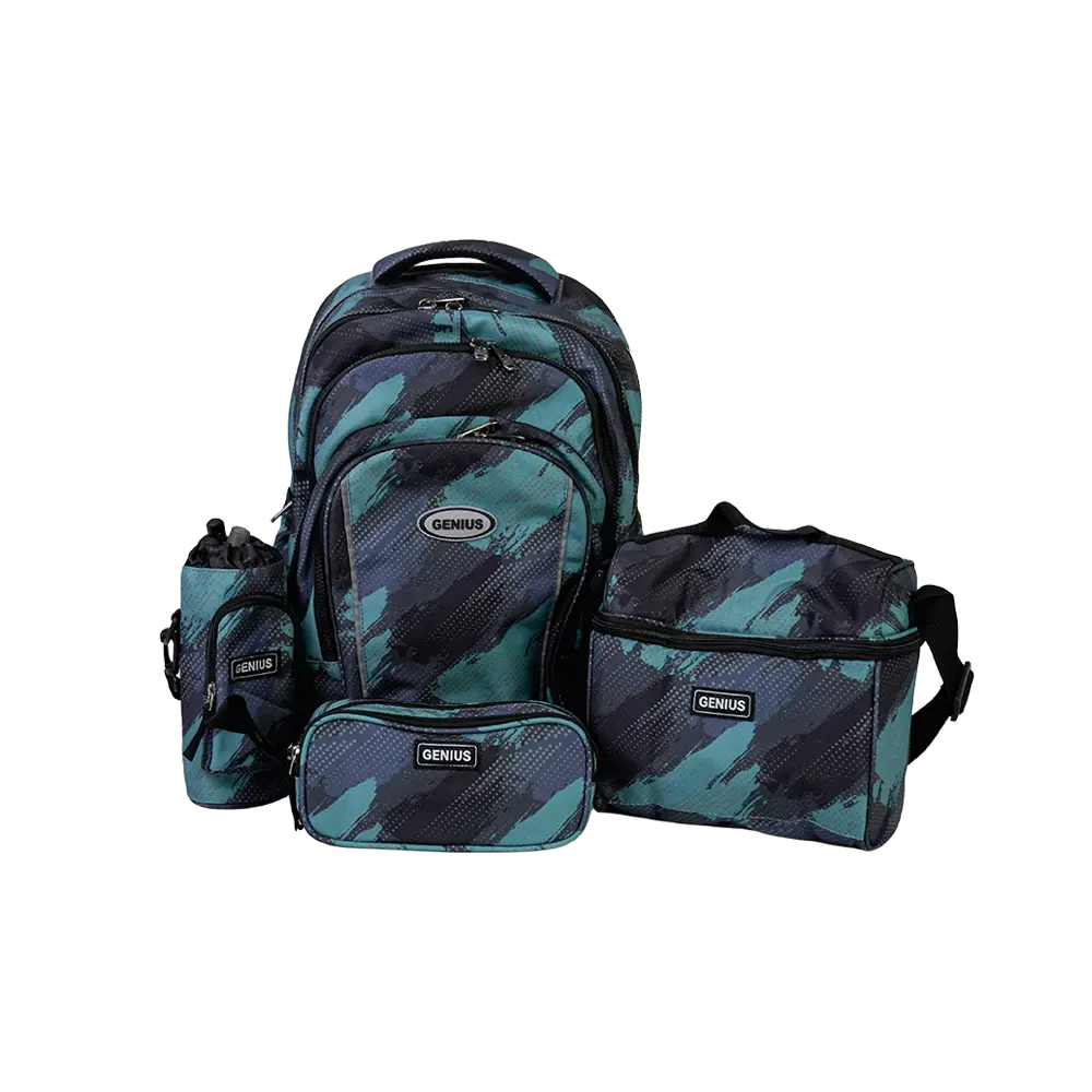 Genius 16in blue camo brush design 3 zippers backpack set
