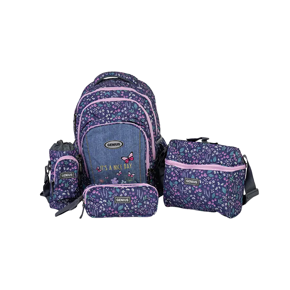 Genius-16in-Floral-Design-3-Zippers-Purple-Backpack-Set Genius 16in floral design 3 zippers purple backpack set
