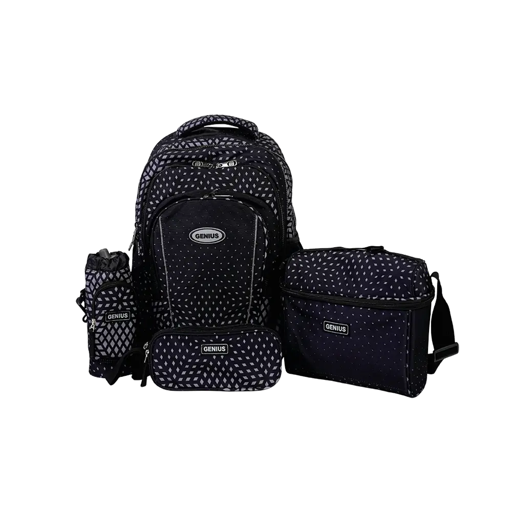 Genius 16in geometric dotted design 3 zippers black backpack set