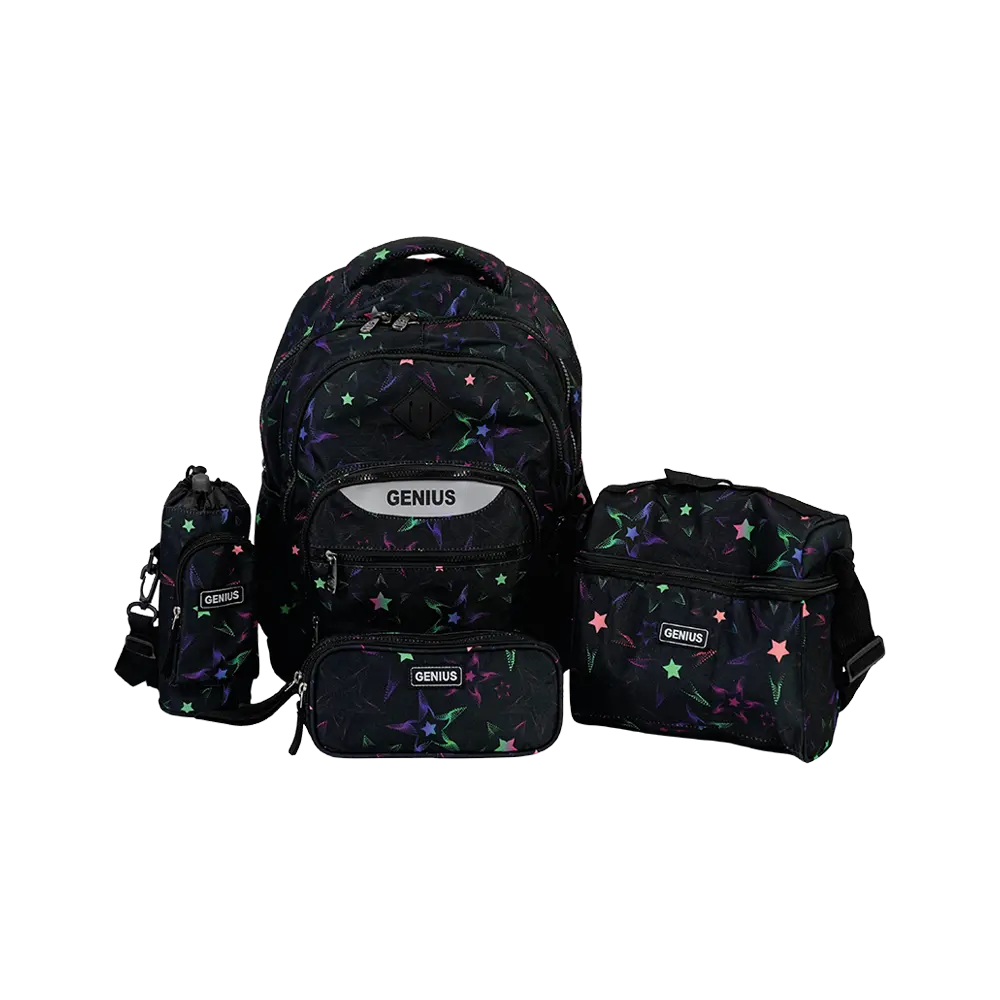 Genius 16in stars design 3 zippers black backpack set