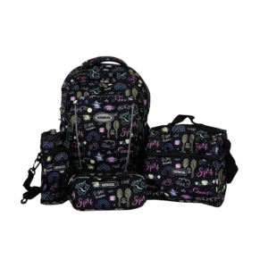 Genius 16in trendy graffiti design 3 zippers black backpack set