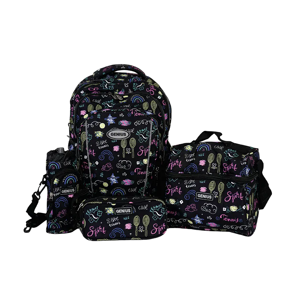 Genius 16in trendy graffiti design 3 zippers black backpack set