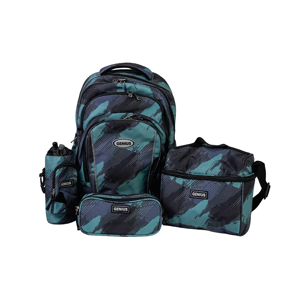 Genius 18in blue camo brush design 4 zippers backpack set