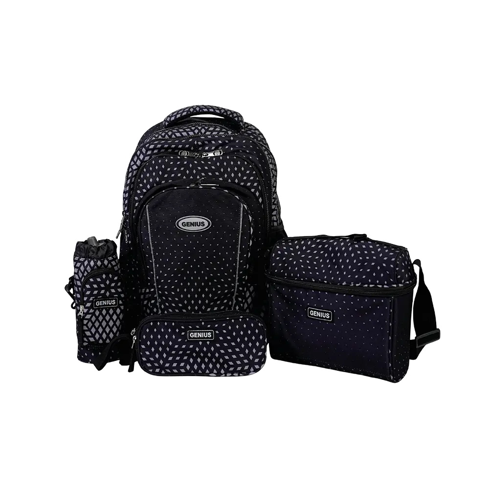 Genius-18in-Geometric-Dotted-Design-4-Zippers-Black-Backpack-Set Genius 18in geometric dotted design 4 zippers black backpack set
