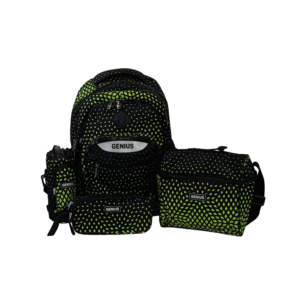 Genius 18in geometric light green dotted design 4 zippers backpack set