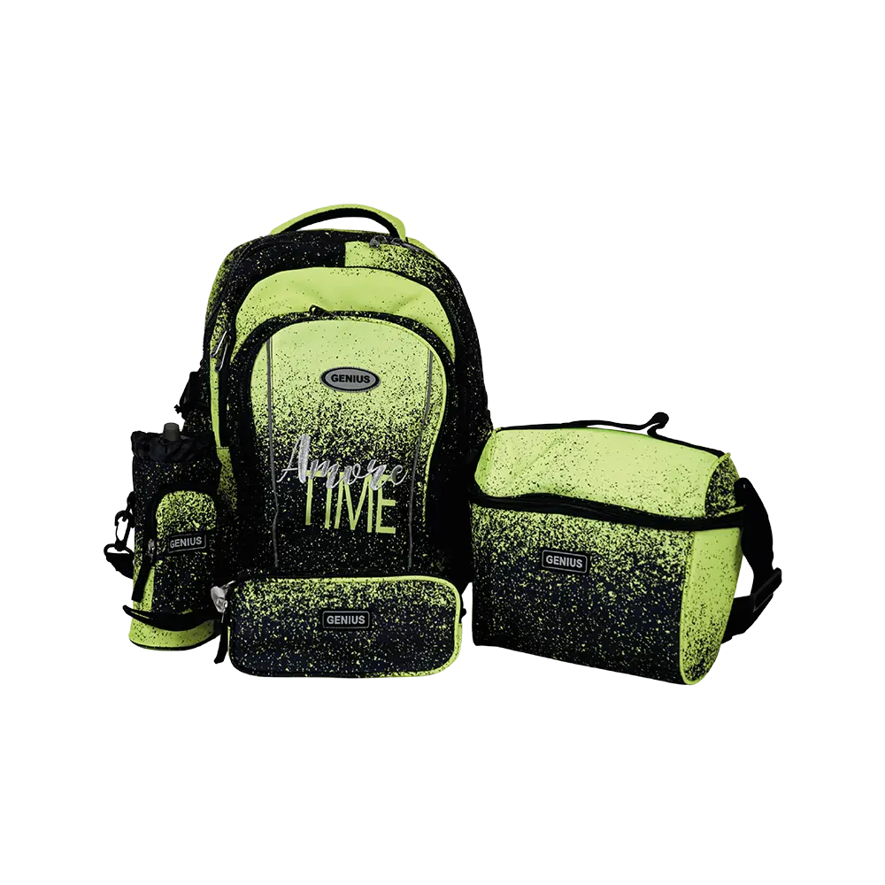 Genius 18in light green & black 4 zippers backpack set
