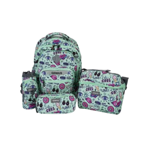 Genius 18in pop art doodle design 4 zippers aqua backpack set