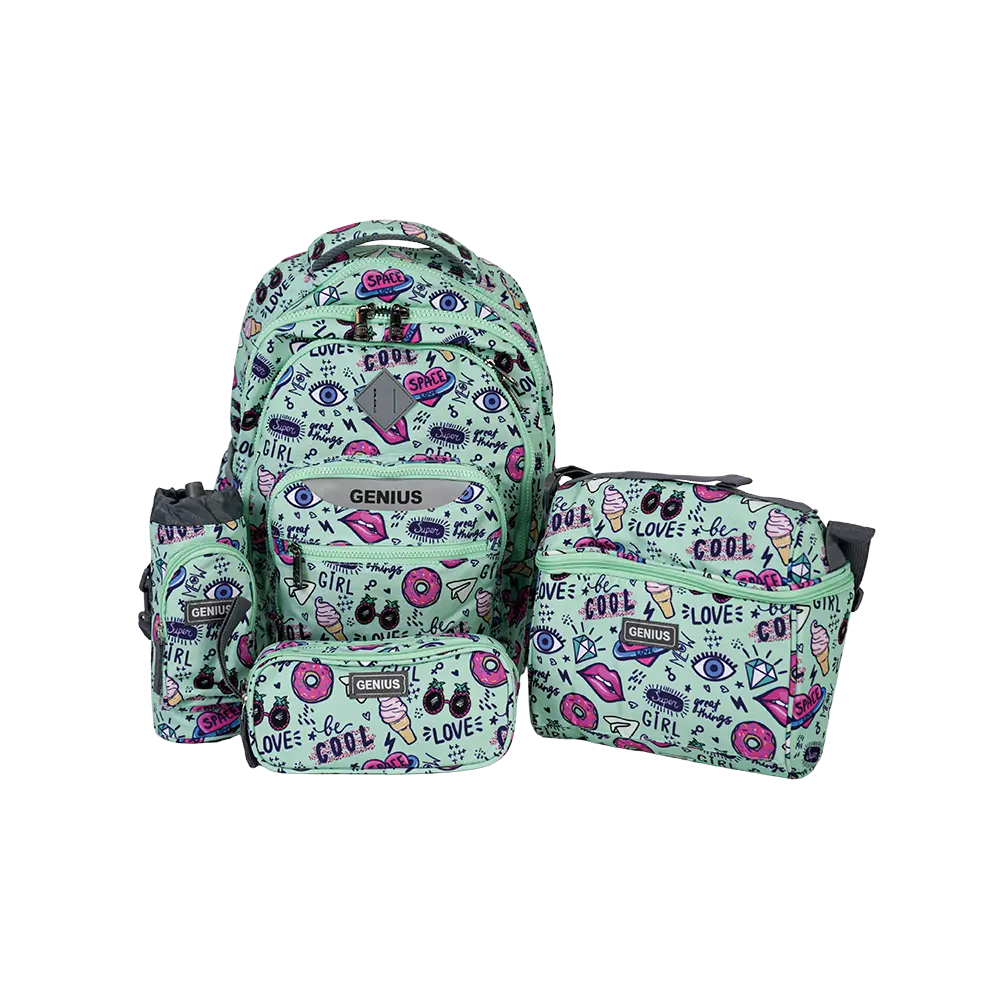Genius 18in pop art doodle design 4 zippers aqua backpack set