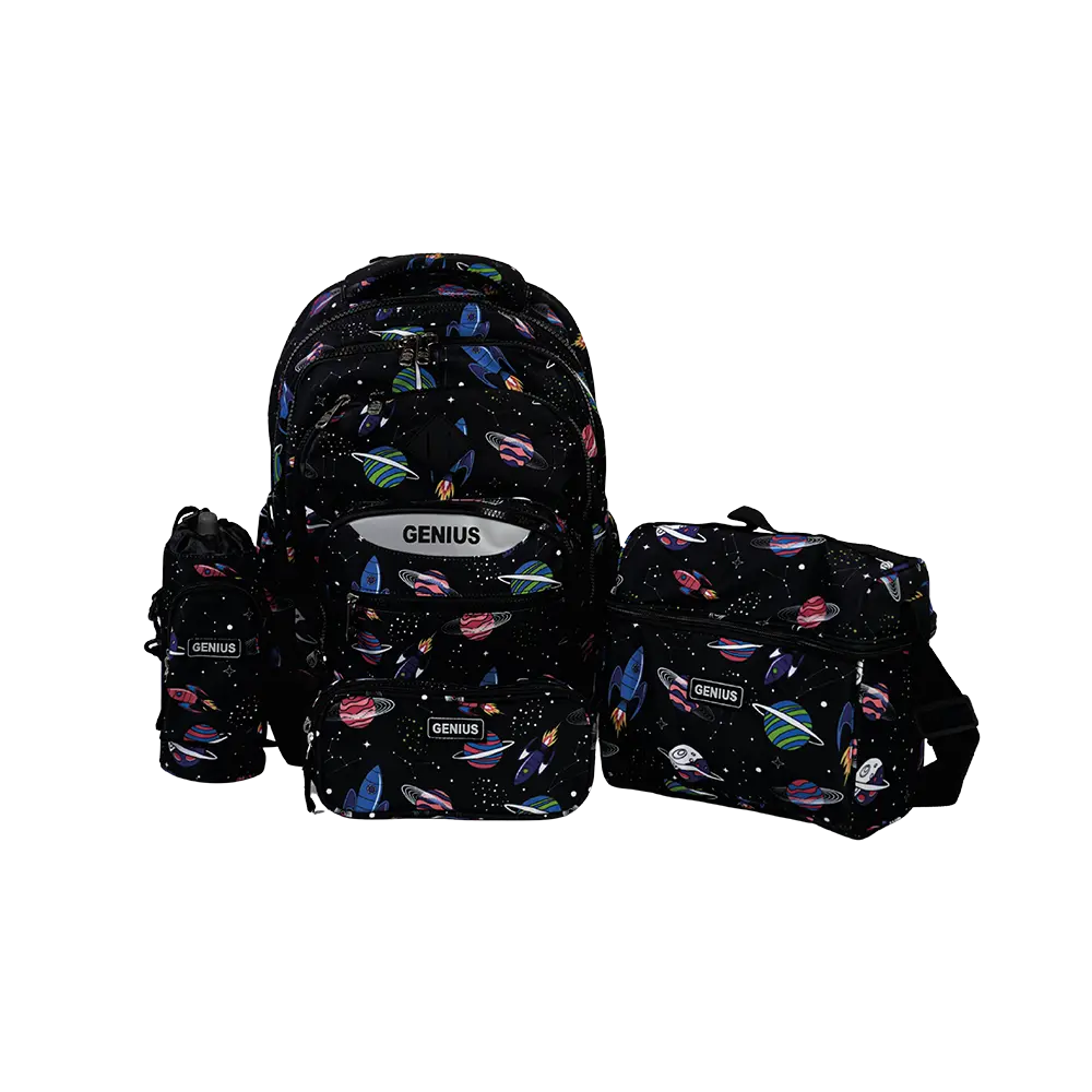 Genius 18in space design 4 zippers black backpack set