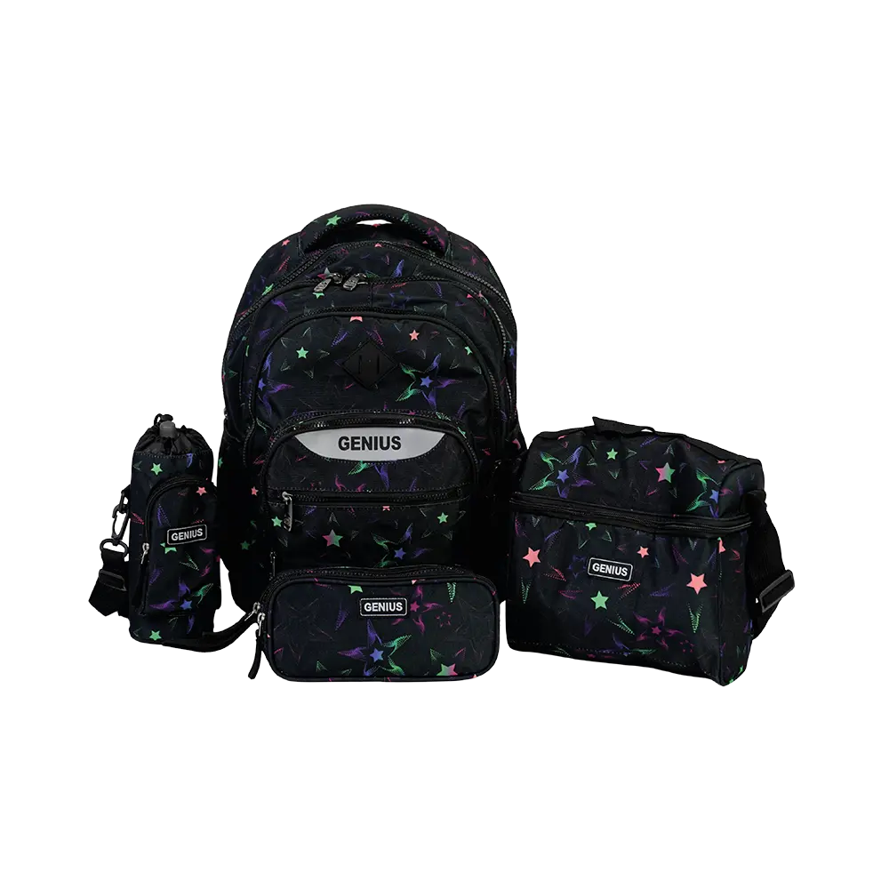 Genius 18in stars design 4 zippers black backpack set