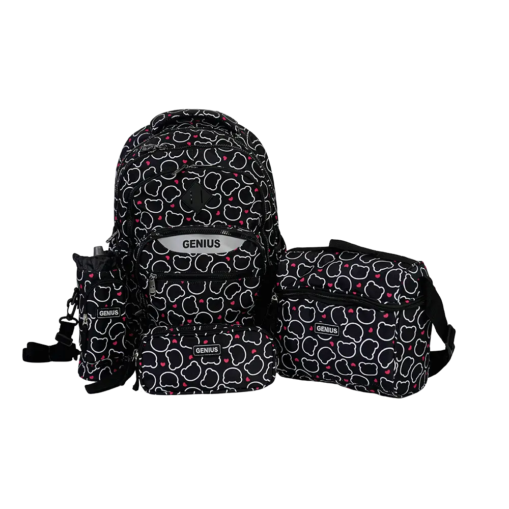 Genius 18in teddy design 4 zippers black backpack set