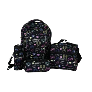 Genius 18in trendy graffiti design 4 zippers black backpack set