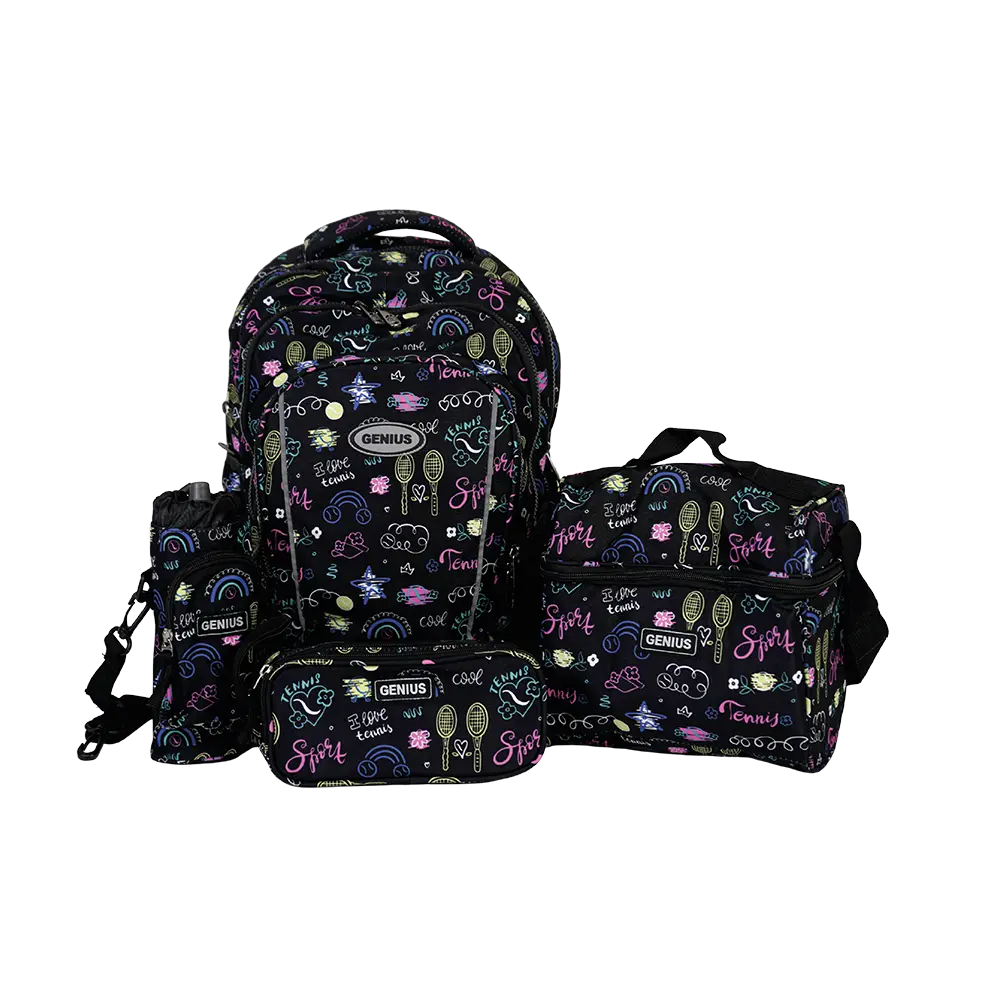 Genius 18in trendy graffiti design 4 zippers black backpack set