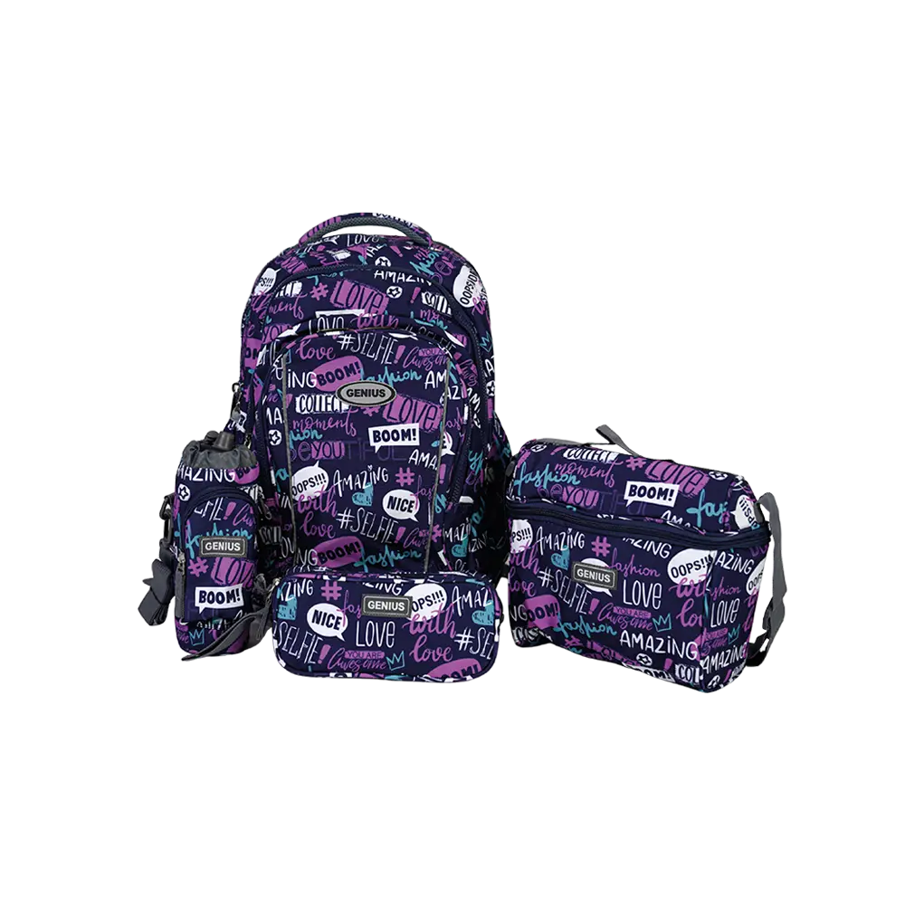 Genius 18in trendy graffiti design 4 zippers purple backpack set