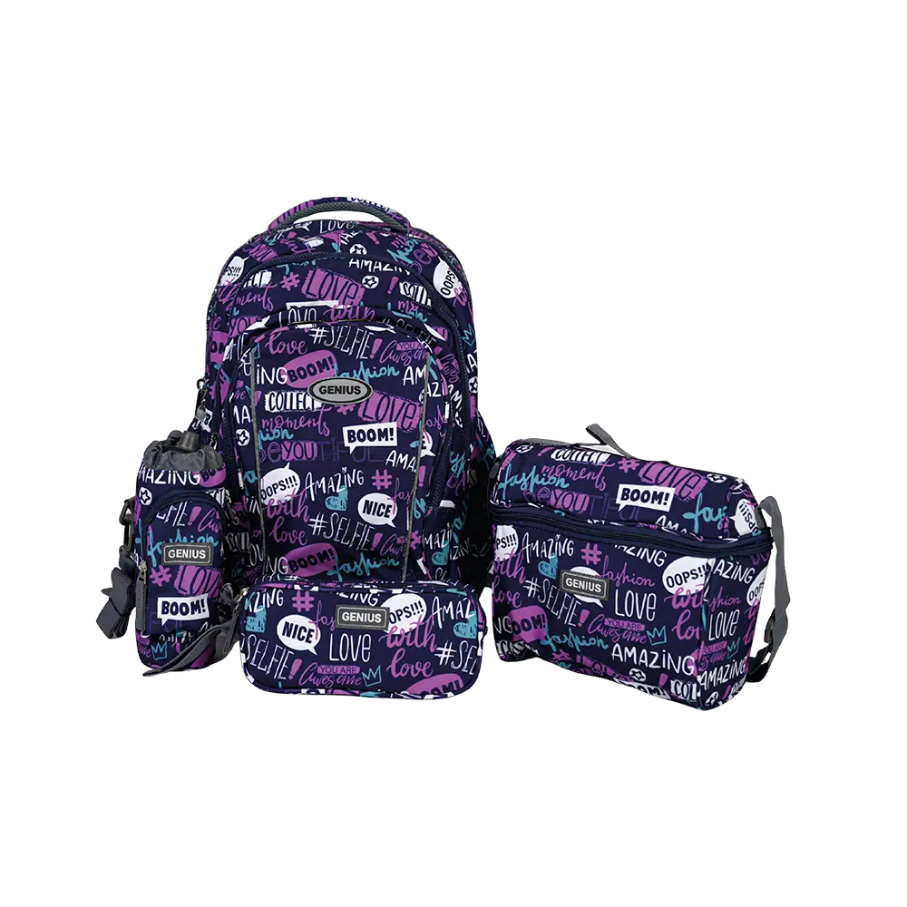 Genius 18in trendy graffiti design 4 zippers purple backpack set
