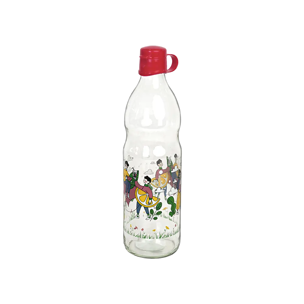 Glass 1l water bottle with red lid