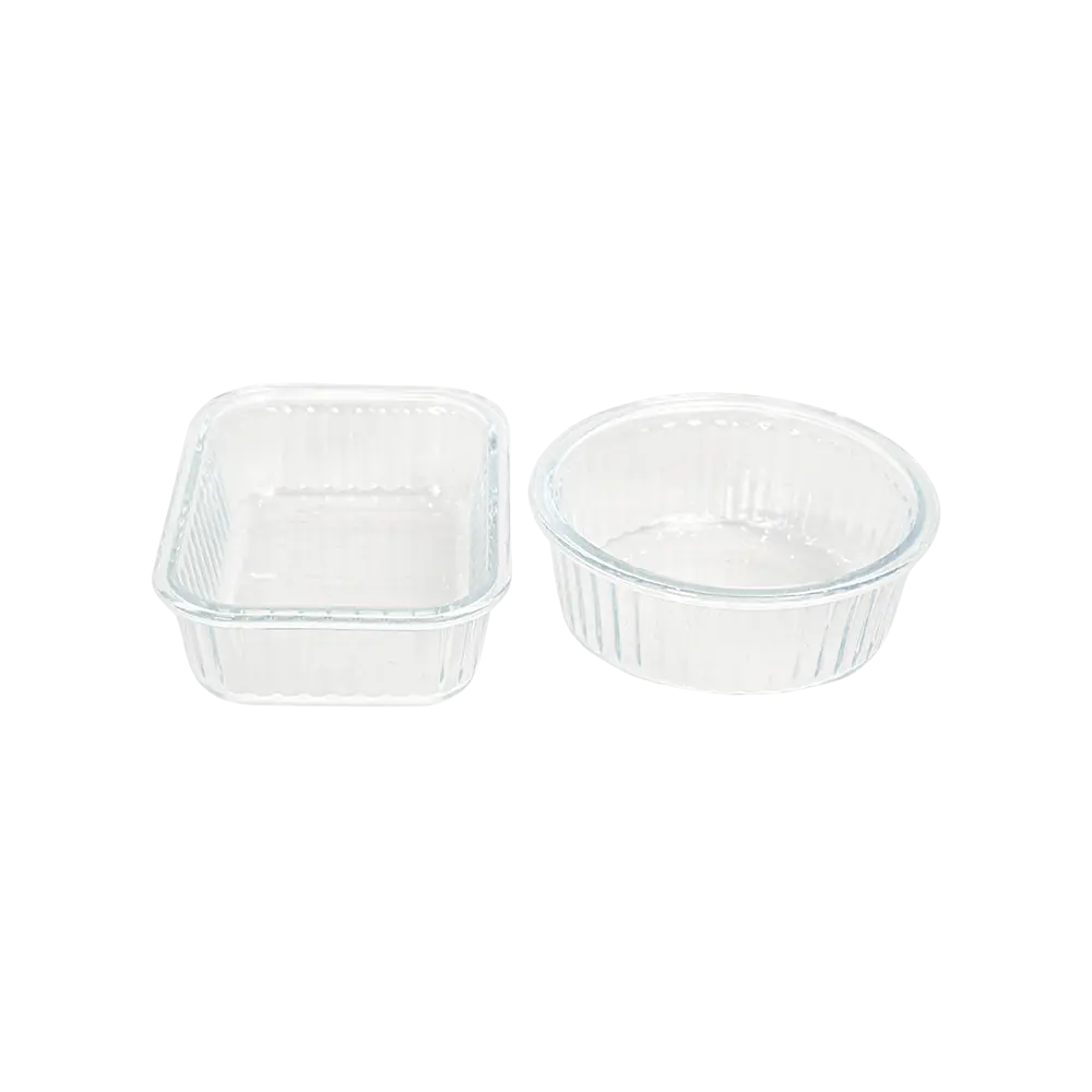 Glass 2pcs round and rectangular ribbed design storage box set1