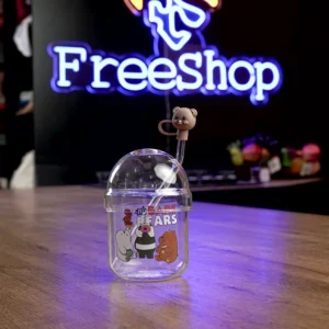 Glass 3 bears design mug with glass lid & straw1