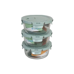 Glass 3pcs round storage box set with aqua lid