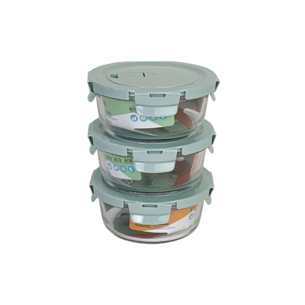 Glass 3pcs round storage box set with aqua lid