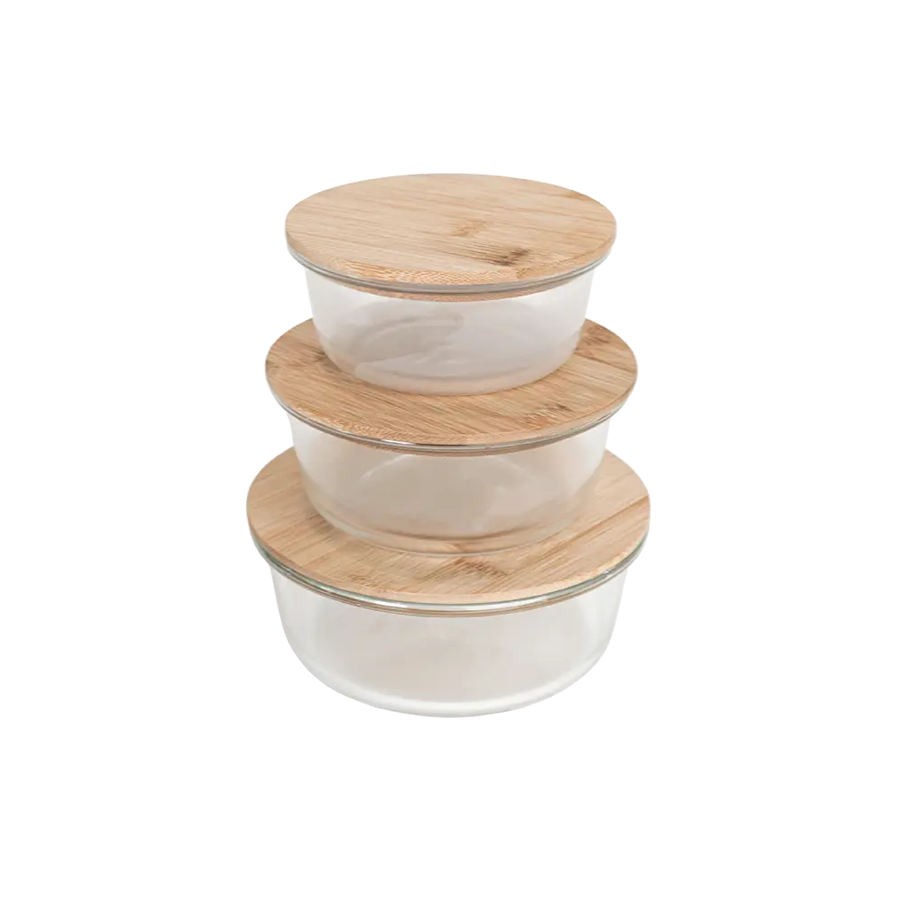 Glass 3pcs round storage box set with wooden lid