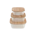 Glass 3pcs square storage box set with wooden lid