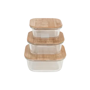 Glass 3pcs square storage box set with wooden lid