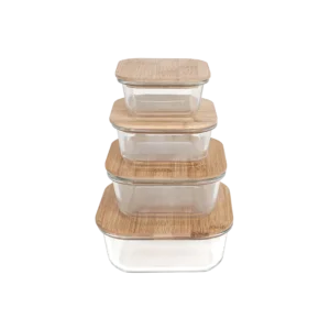 Glass 5pcs squared storage box set with wooden lid